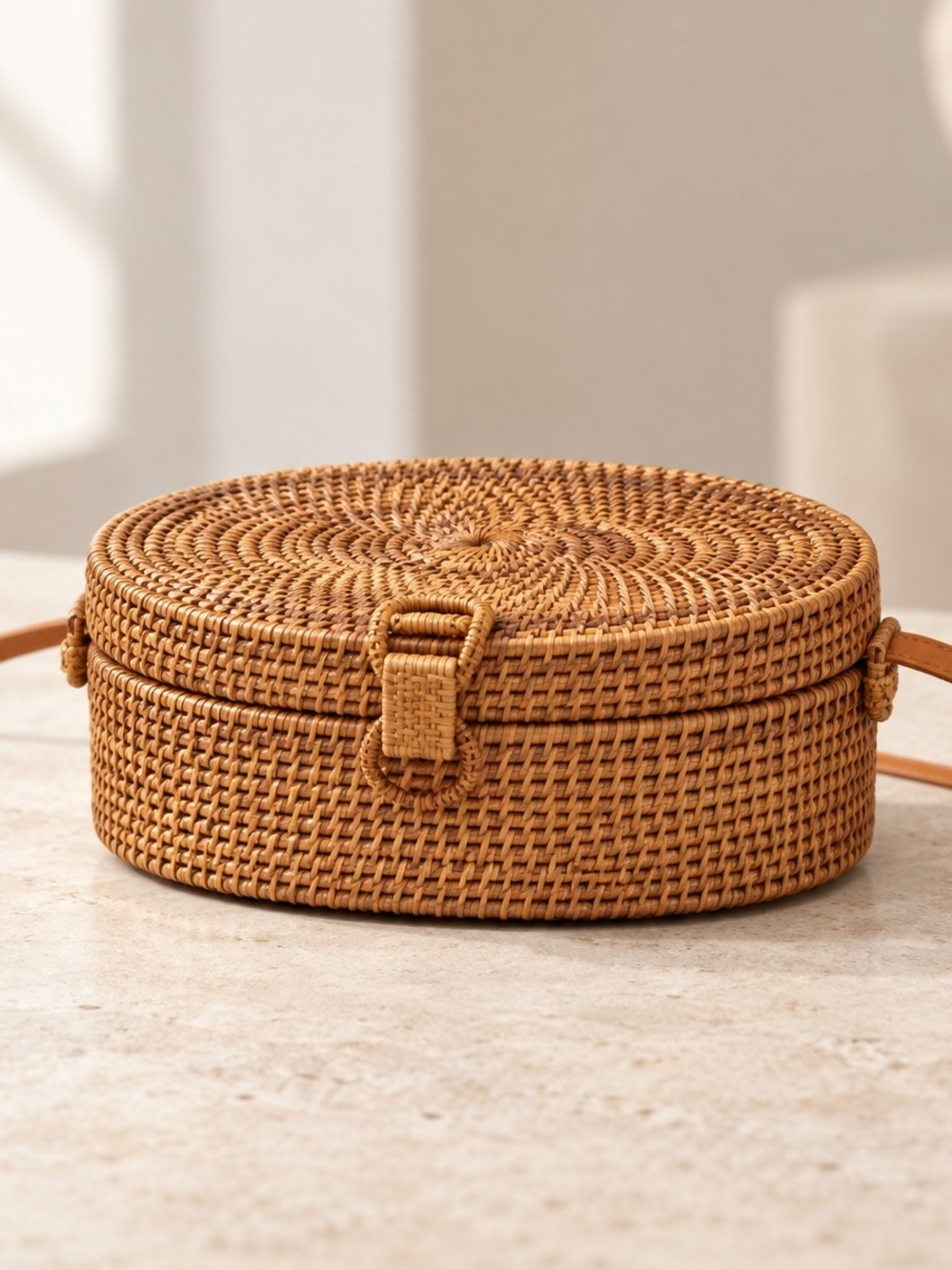 Woven Round Straw Crossbody Bag - Tan